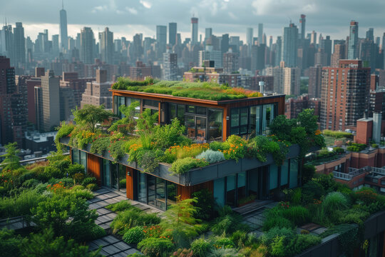 A drone shot of a rooftop garden in an urban setting, highlighting green initiatives in cityscapes. Concept of urban sustainability and green living. Generative Ai.