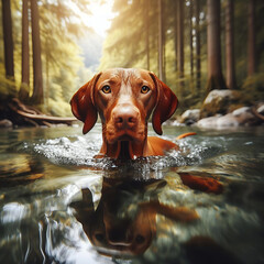 A vizsla dog swimming in a river - obrazy, fototapety, plakaty