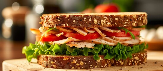 Whole grain bread layered with smoked chicken, lettuce, tomato, and Swiss cheese.