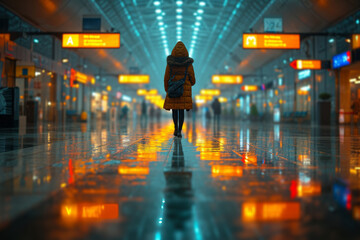 A lone traveler at an airport, mask on, surrounded by signs reminding of safety protocols. Concept...