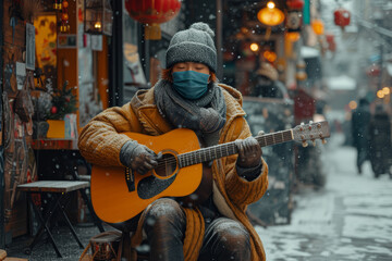 A shot of a masked street musician playing for a sparse audience, illustrating the changes in public entertainment. Concept of performing arts and public life adaptations. Generative Ai.