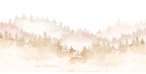 Foto op Canvas Mountain peak landscape watercolor vector clipart, trees in the mountains, cloud mountains, Watercolor forest landscape, Scenery illustration, pine tree, coniferous forest, spruce.  © Yevheniia Poli