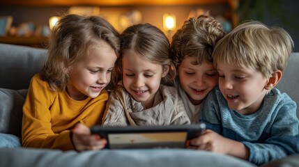 Happy children bonding over tablet, creating joyful moments of togetherness and laughter