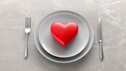 Heart sign on white ceramic plate set, 3D render