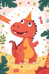 Fototapeta premium simple cute animal dinosaur in happy birthday party theme, design for kids