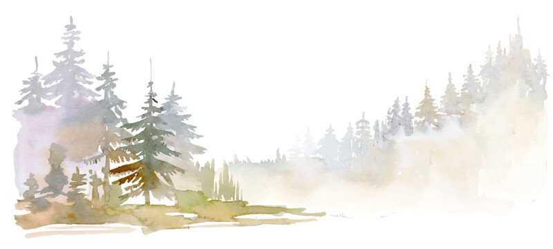 Mountain peak landscape watercolor vector clipart, trees in the mountains, cloud mountains, Watercolor forest landscape, Scenery illustration, pine tree, coniferous forest, spruce. 