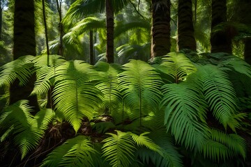 Close-up of tree ferns in a shaded glade, with the intricate and delicate patterns of their fronds in the heart of the forest.