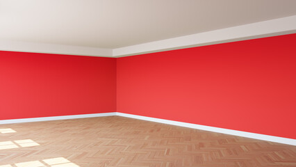 Corner of the Sunny Interior with Red Walls, a White Ceiling and Cornice, Glossy Herringbone Parquet Floor, and a White Plinth. Unfurnished Interior Concept. 3D Render, 8K Ultra HD, 7680x4320, 300 dpi