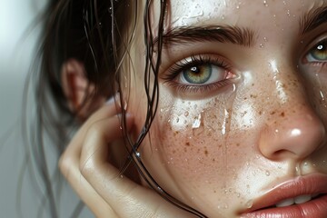 Close-up of a beautiful girl applying cosmetic foam for washing. facial skin care