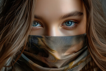 portrait of a girl with beautiful eyes and a bandage covering her face
