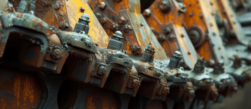 A close-up of the mine roadheader's drill head reveals its powerful steel teeth.