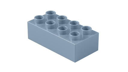 Fototapeta premium Dusty Blue Plastic Lego Block Isolated on a White Background. Children Toy Brick, Perspective View. Close Up View of a Game Block for Constructors. 3d Rendering. 8K Ultra HD, 7680x4320, 300 dpi