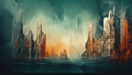 A landscape of a mountain on the rock surface in rustic futurism style - obrazy, fototapety, plakaty