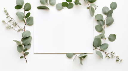 Elegantly arranged eucalyptus leaves around a blank card, ideal for wedding or event invitations.