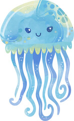 Cartoon colorful, cute jellyfish on a white background