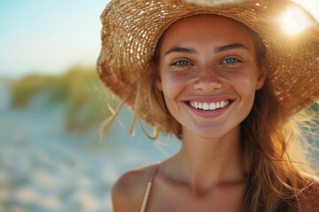 Portrait of beautiful woman wearing straw hat at beach and looking at camera. Closeup face of attractive smiling girl with freckles and red hair. - obrazy, fototapety, plakaty