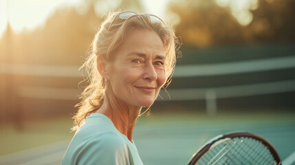 A 50-60 year old woman is standing on a tennis court. Woman holding a tennis racket in his hands.
