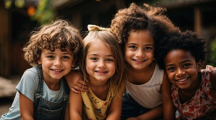 In a vibrant park, a diverse quartet of kids captures a joyful moment, celebrating unity and cultural diversity under the warm glow of the setting sun.