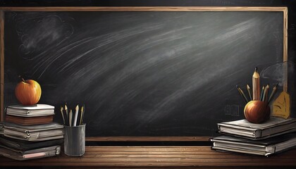 Back to school concept with blackboard, books, pencils and apple