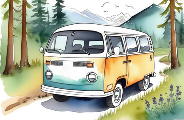 camper van parked in landscape of rough rocky mountains and forest, watercolor illustration.