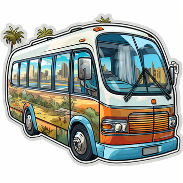 Vintage Cartoon Tour Bus with Palm Trees and Cityscape

