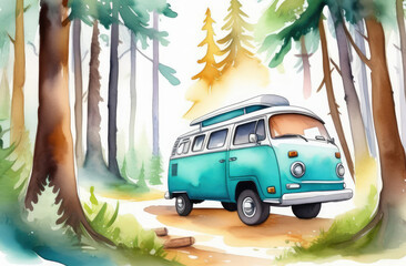 green camper van parked in forest. vacation in wild nature, watercolor illustration.