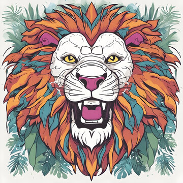 Powerful lion face tattoo art line illustration drawing in color with beautiful fur hair 