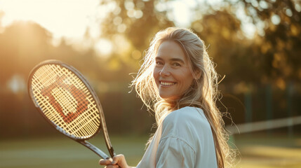 A 50-60 year old woman is standing on a tennis court. Woman holding a tennis racket in his hands.