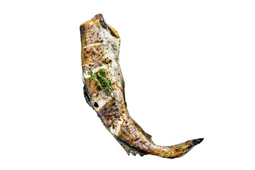 Baked pollock cooked in a savory marinade.  Isolated, Transparent background.