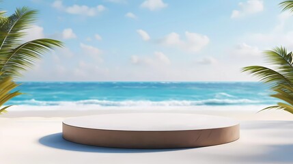 Fototapeta na wymiar 3D background. Marble podium on tropical sand with blurred tropical sea background. generative ai