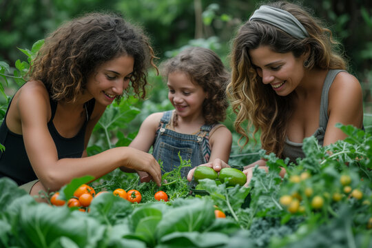 Child with her two LGBT mothers in the midst of their lush backyard garden, gathering vegetables, symbolizing a commitment to sustainability and the nurturing environment of diverse families