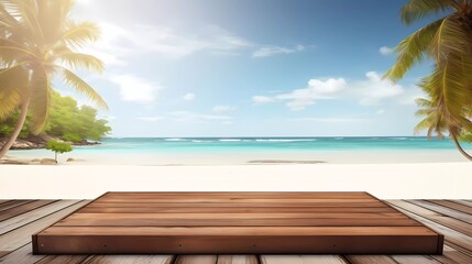 3D background. Wooden table over blurred blue sea and white sand beach background. generative ai