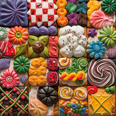 Colorful Cookie Patchwork: assorted quilted cookies arranged in a patchwork pattern, showcasing the vibrant colors and unique designs
