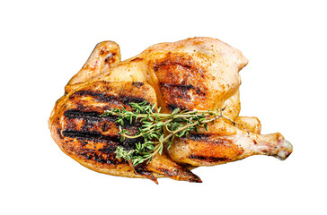 Baked whole farm chicken with thyme. Isolated, Transparent background.