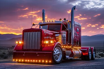 Red american semi truck with ligts on at the backdrop of evening sky. Cargo transportation, automotive design - obrazy, fototapety, plakaty