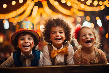 Happy children smiling in an amusement park with carousels in the background. Generated by artificial intelligence - obrazy, fototapety, plakaty