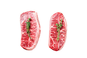 Raw top-blade steak in a pan.  Isolated, Transparent background.