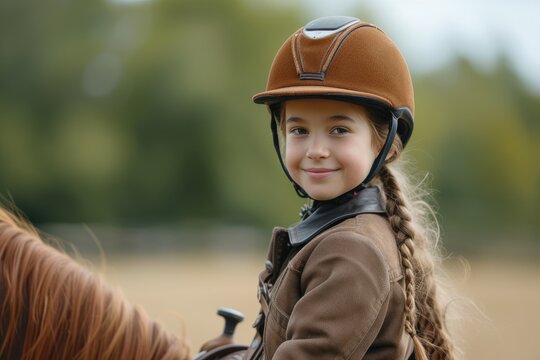 A happy little girl riding a horse. Generative Ai.