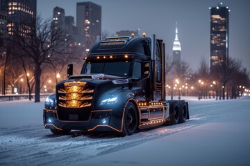 Black american semi truck on a winter road in a city. Cargo transportation, automotive design