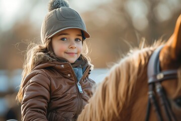 A happy little girl riding a horse. Generative Ai.