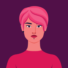 Portrait of a beautiful informal young woman with pink hair and piercing. Avatar for social media. Abstract female portrait in flat style
