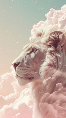 Thoughtful lion portrait among dreamy pink clouds in pastel color sky. Leader brain mind idea problem solution concept