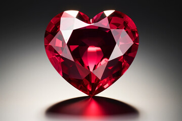 Fototapeta premium A soft glowing red ruby heart gemstone with reflective highlights and shadows. Love concept