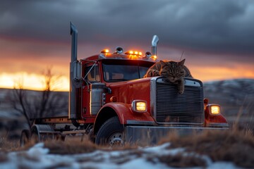 Red american semi truck at a stop along the way, it's lights on, cat sleeping on it's hoop. Cargo transportation, automotive design - obrazy, fototapety, plakaty