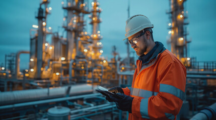 An Engineer wearing a yellow hardhat using tablet control on a oil refinery factory site