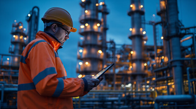 An Engineer in Protective Helmet Working on Steel Structure with Rifle in Hand using tablet control. oil refinery