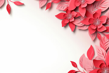 Paper cut decor with blooming pink red flowers in right corner on light rose background. Abstract hand craft floral composition