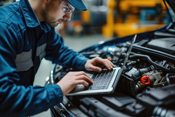 A laptop computer programmer working on automobile mechanics. Generative Ai.