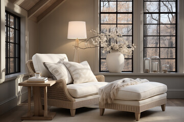 White sofa with cosy atmosphere next to a large window