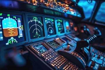 Fotobehang The pilot's deck and controls of an airline. Generative Ai. © Planum